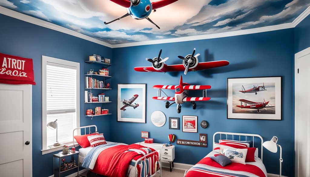 Aviation-themed bedroom with cloud-painted ceiling