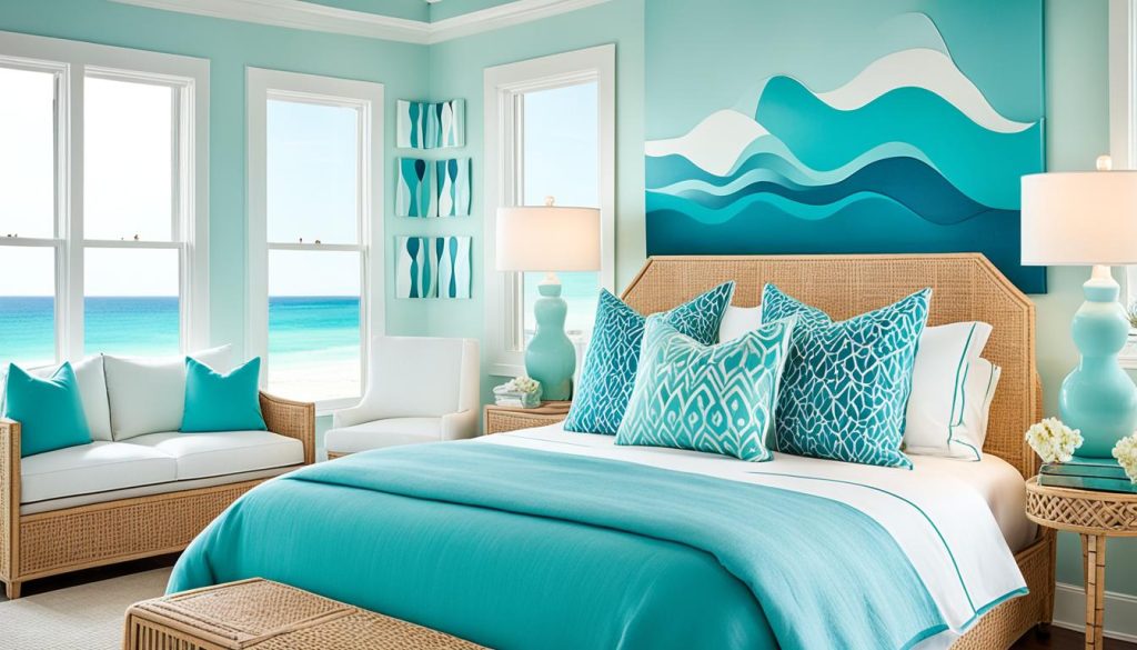 Beach-themed bedroom with aqua and turquoise colors