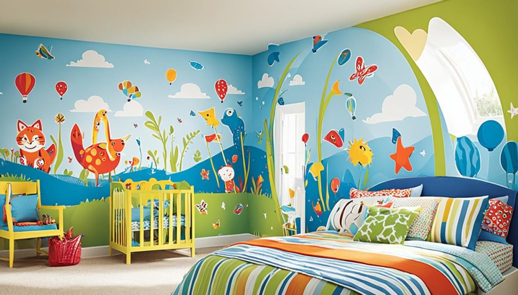 Children's bedroom decor with coordinating wall mural