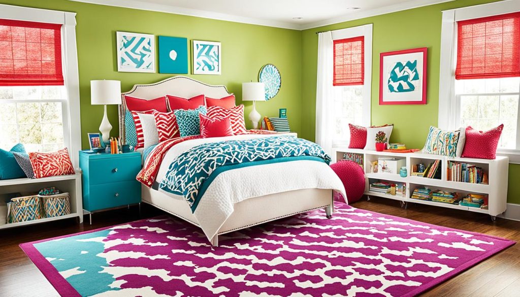 Colorful area rug in teen bedroom