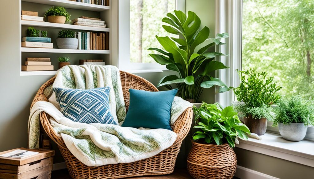 Cozy reading nook with natural elements