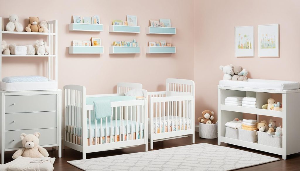 Cribs and changing tables in a nursery