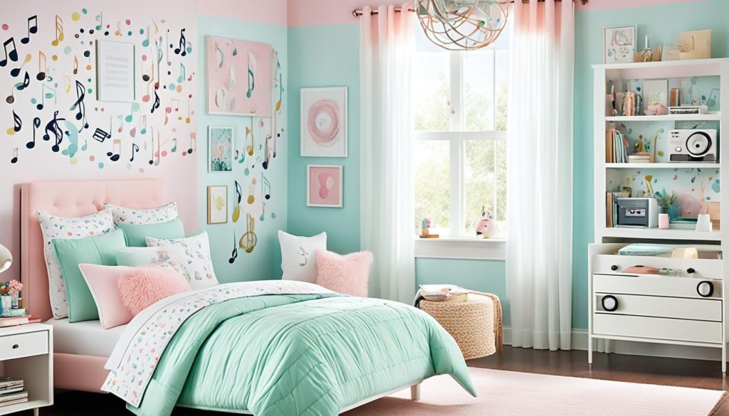 Decorating with soft colors in a music-themed bedroom