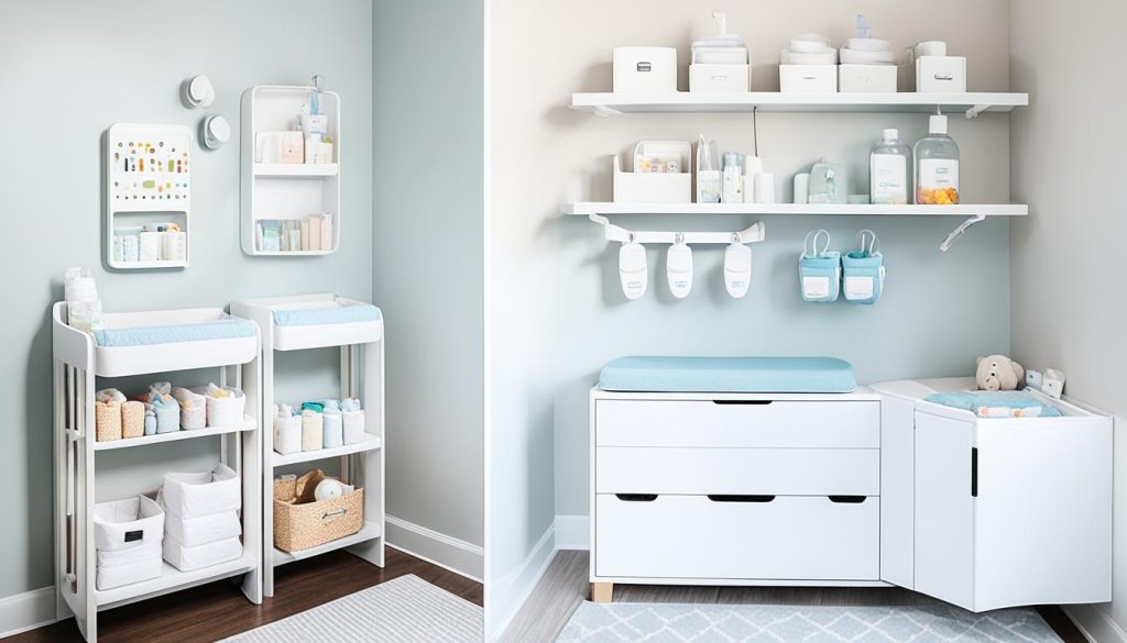 Diaper station organization with space-saving nursery furniture