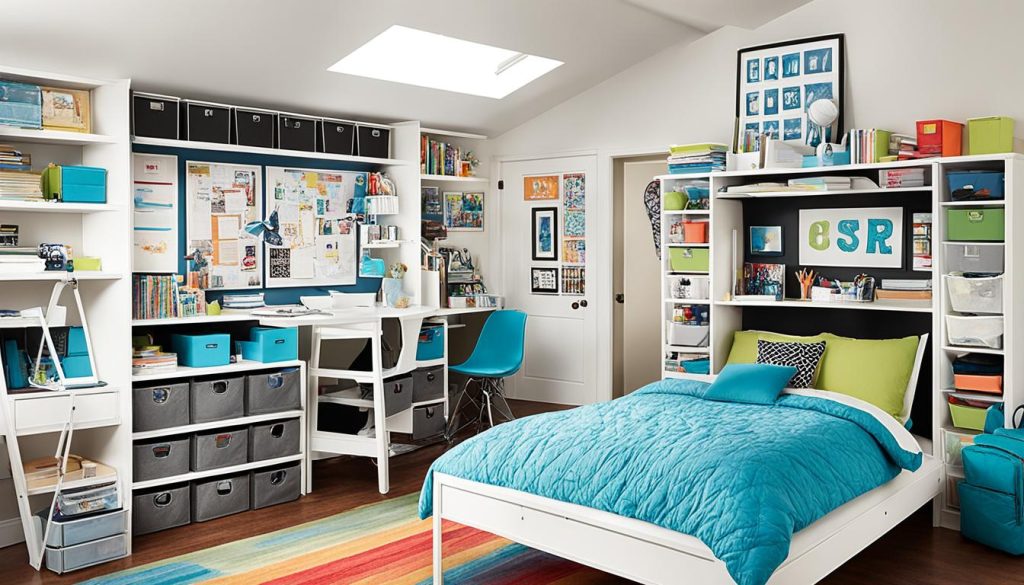 Dorm room storage ideas with loft bed