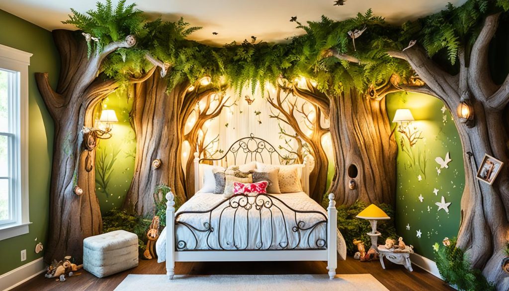 Enchanted forest bedroom with woodland creature motifs