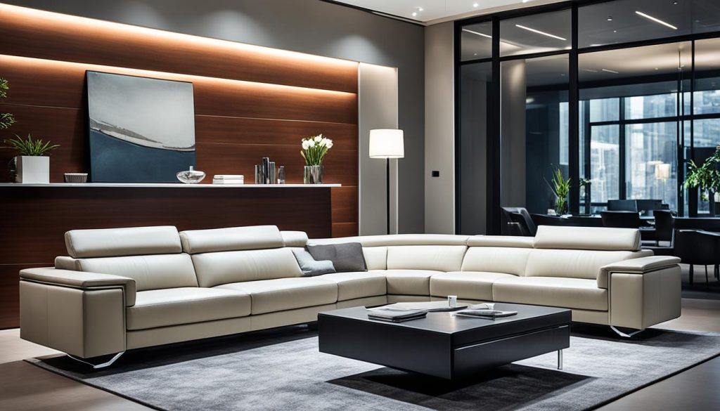 Executive leather sofas in luxury office interiors