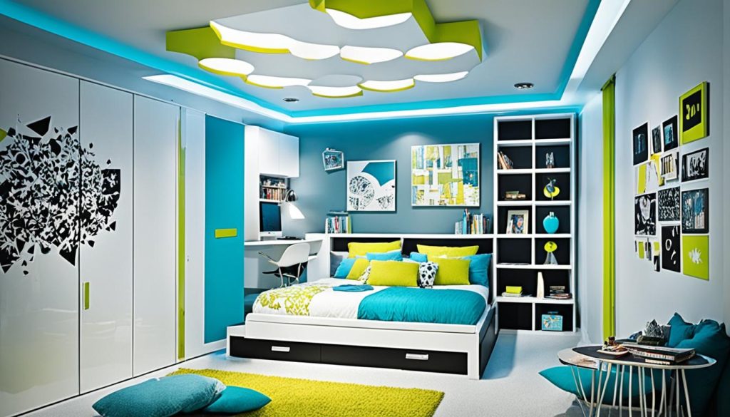 Eye-catching ceiling installations in teen bedroom