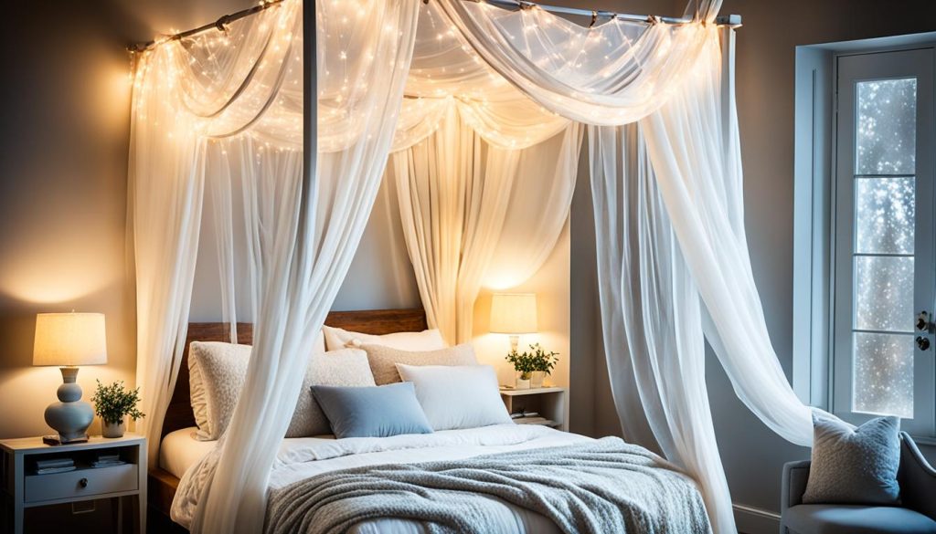 Fairy lights in bedroom canopy