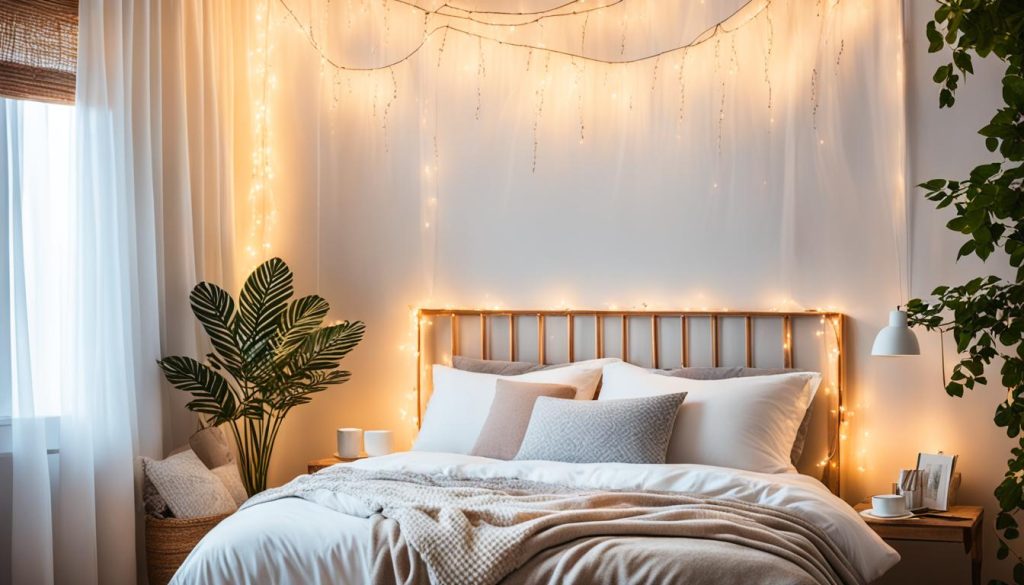 Fairy lights in bedroom creating relaxing atmosphere