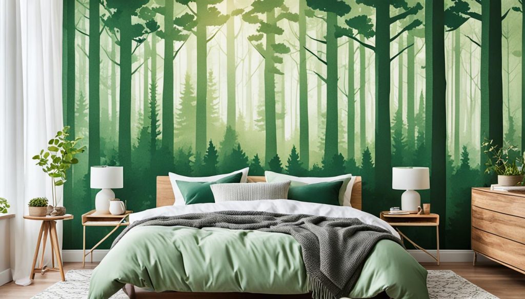 Forest-themed wallpaper in a nature-themed bedroom