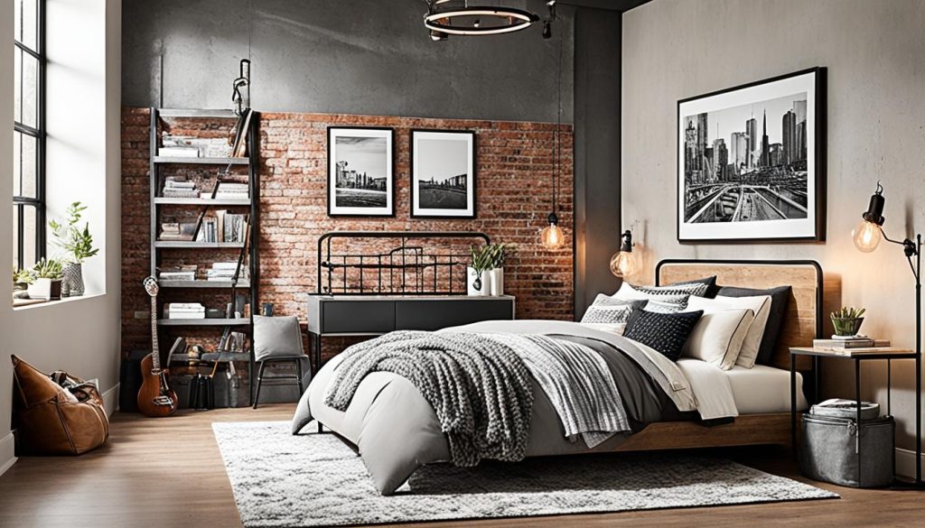 Industrial chic teen bedroom with cozy textiles