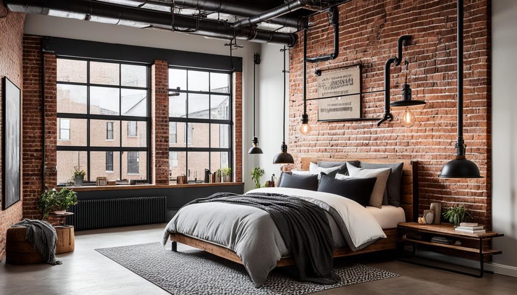 Industrial loft style bedroom with exposed brick walls