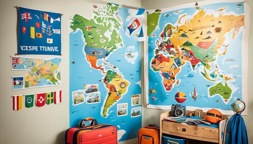 Interactive world maps in adventure-inspired interiors