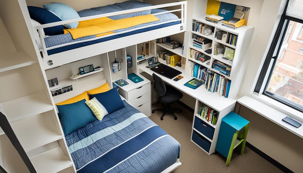 Loft bed with built-in storage in college dormitory