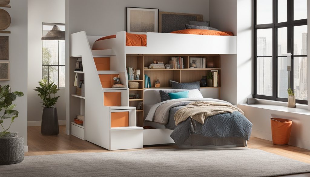 Loft bed with secret compartments for bedroom space optimization