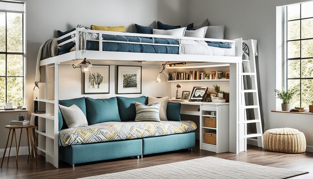 Loft beds with couch in a guest room