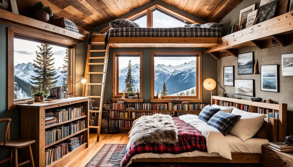 Mountain explorer bedroom with rustic wooden elements