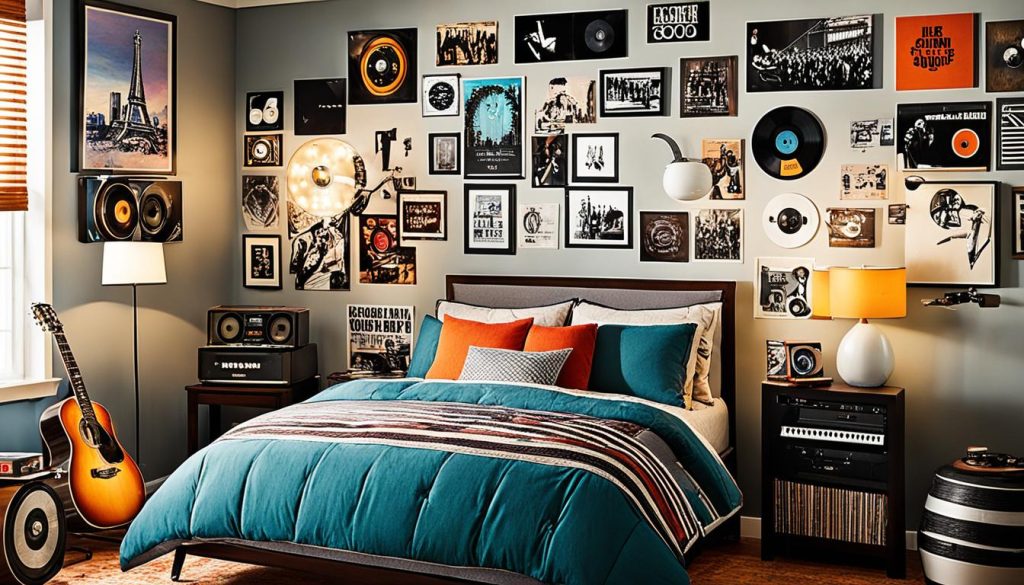 Music-themed decor in a bedroom