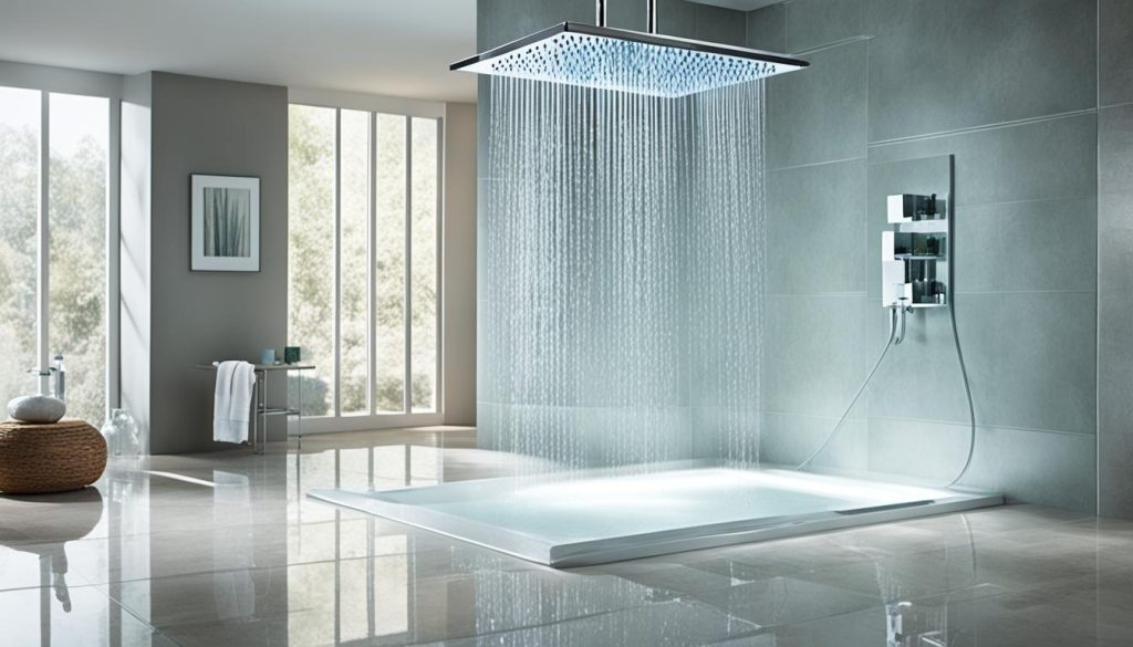 Rainfall showerheads in modern bathroom