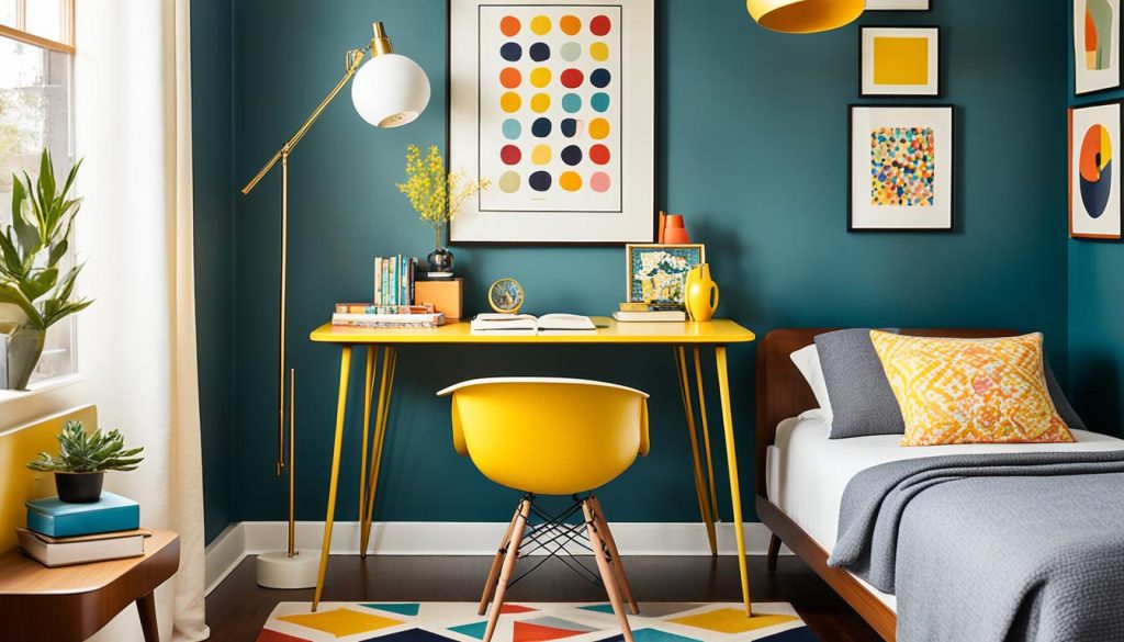 Retro-inspired study area with midcentury modern girls room accessories