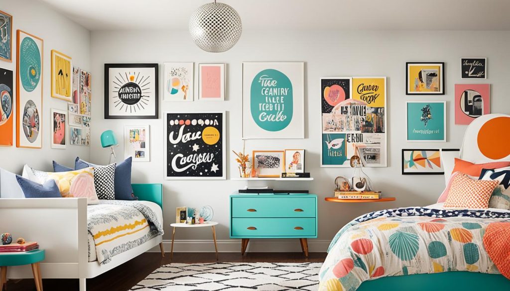 Retro wall decor in a mid-century modern girls room