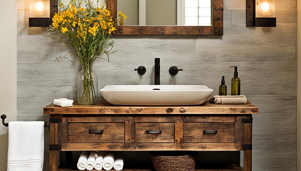 Rustic bathroom vanity with vessel sink