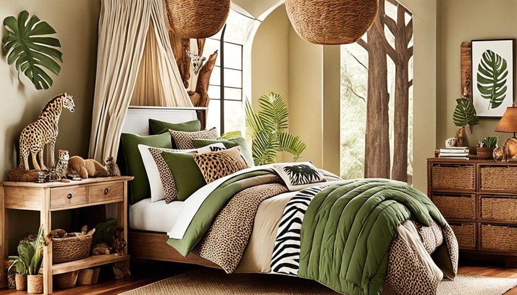 Safari-themed bedroom with animal prints and jungle motifs