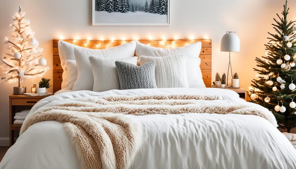 Seasonal bedroom decor with fairy lights