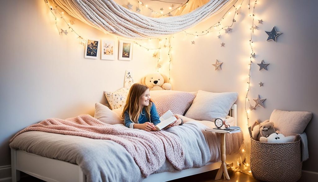 Starry ceilings and fairy lights in a magical young one's nook