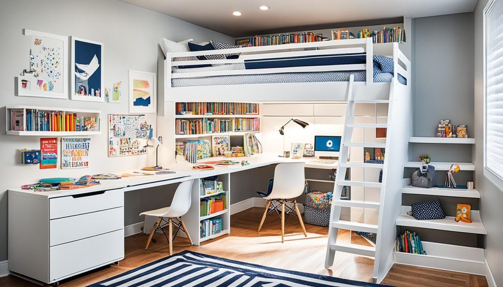 Study area under loft bed in shared kids' room