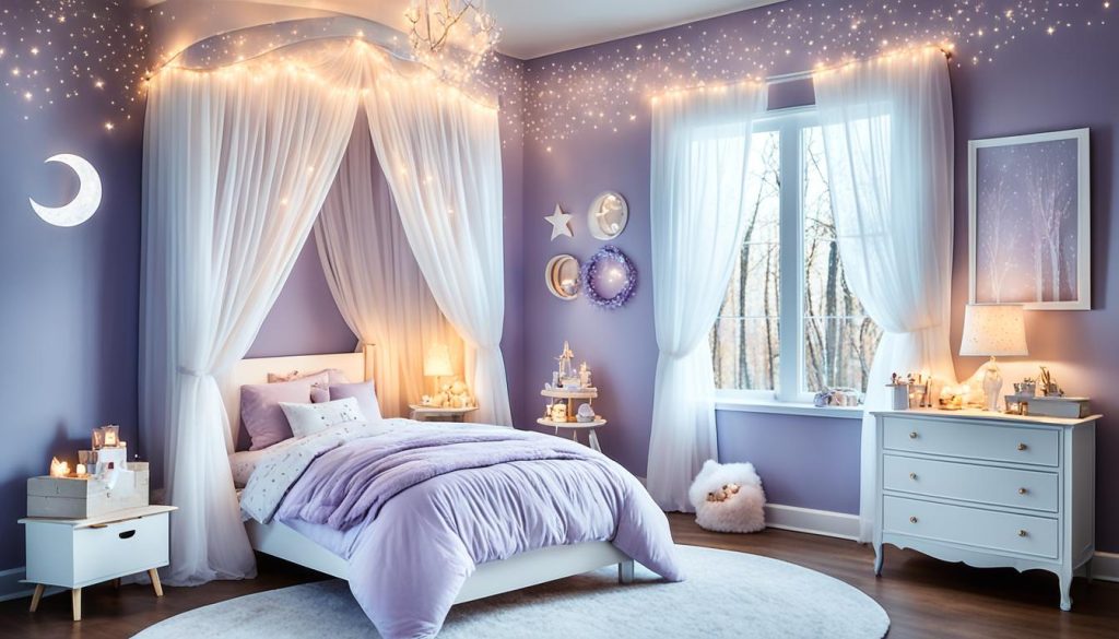 Twinkling lights in a dreamlike little girl's room