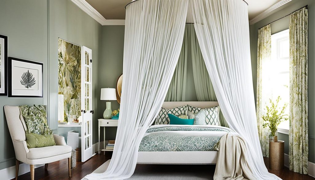 Unique bedroom ceilings with curtained canopies