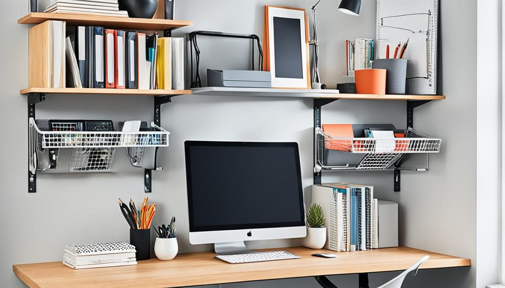 Vertical storage solutions in a compact home office