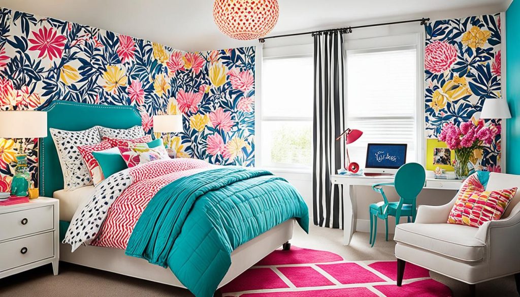 Vibrant teen room decor with wallpaper