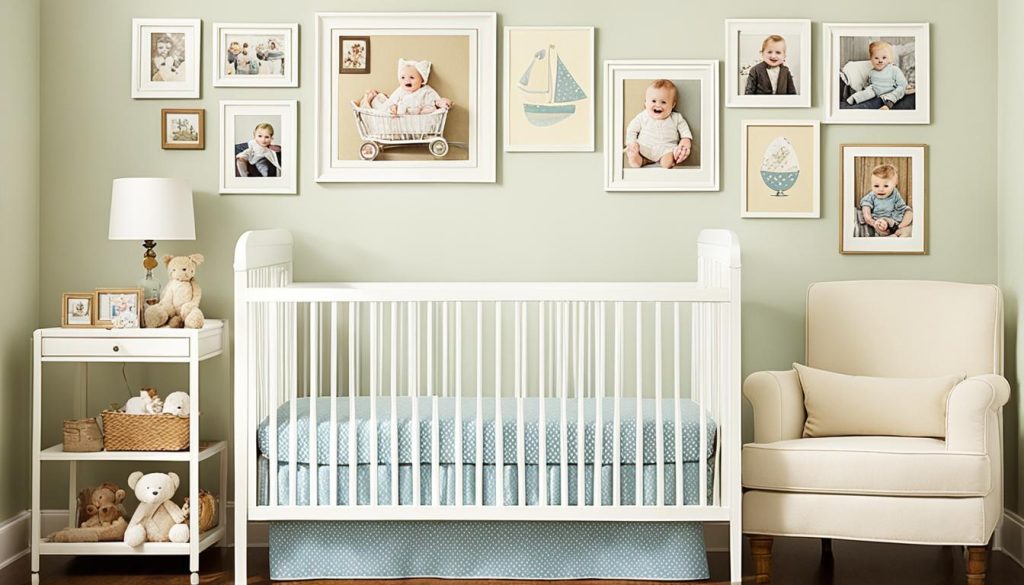 Vintage nursery decor with family photos