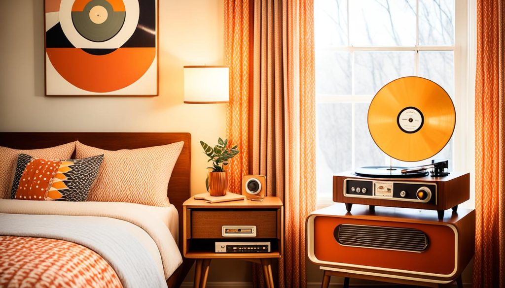 Vintage record player in retro style bedroom