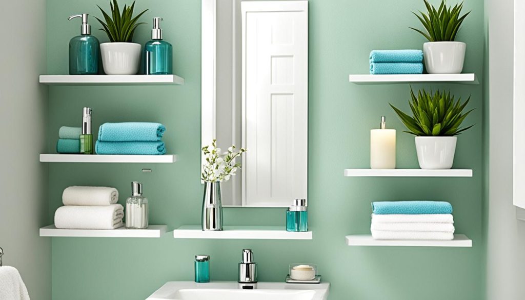 Wall-mounted shelves in a small bathroom