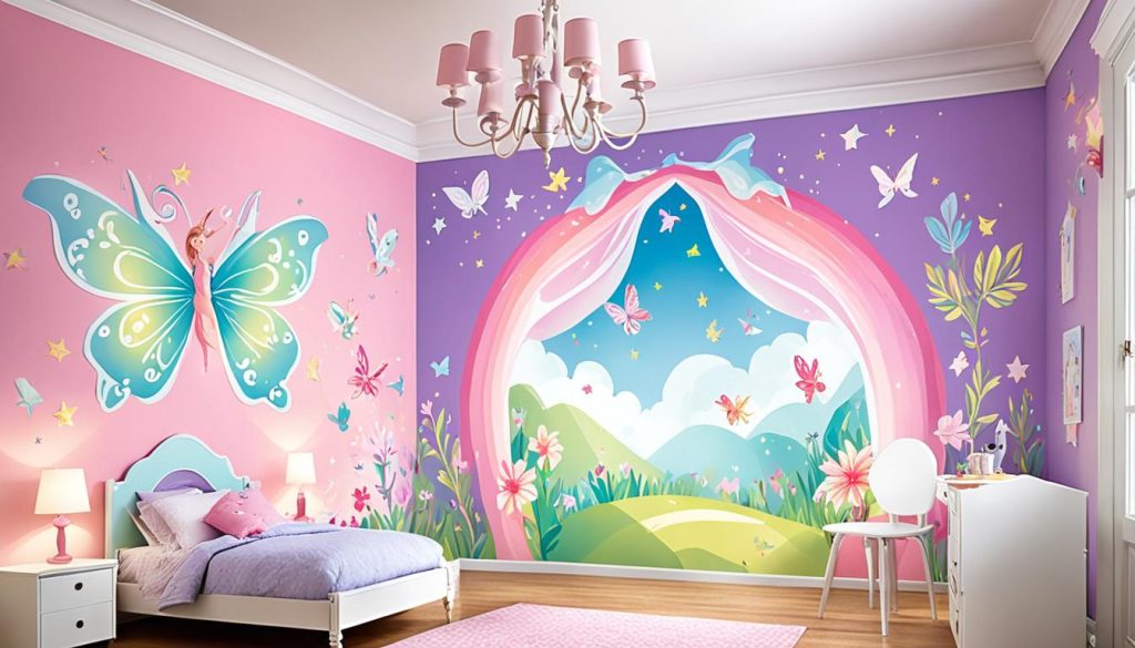 Whimsical wall mural in a fairy-themed bedroom