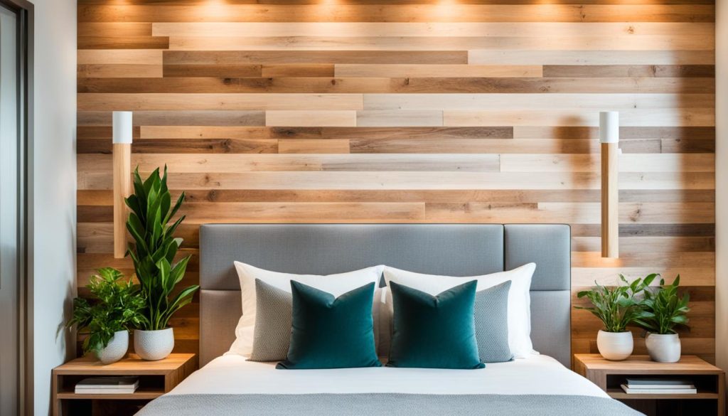 Wood accent wall in a bedroom