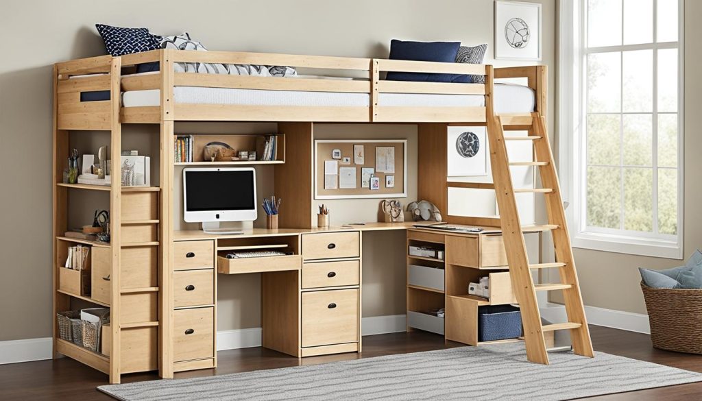 Wood twin loft bed with storage