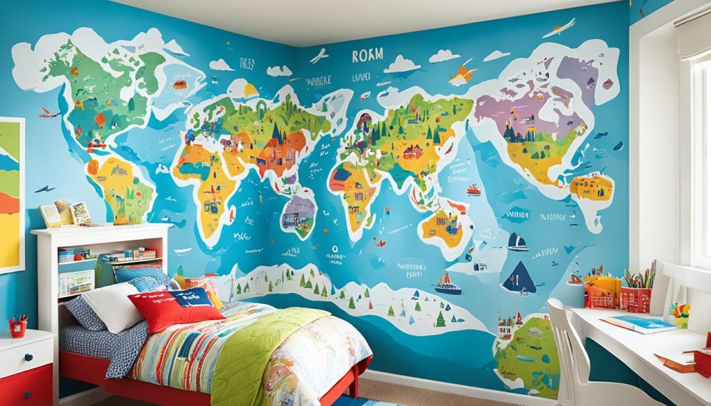 World map mural in children's bedroom