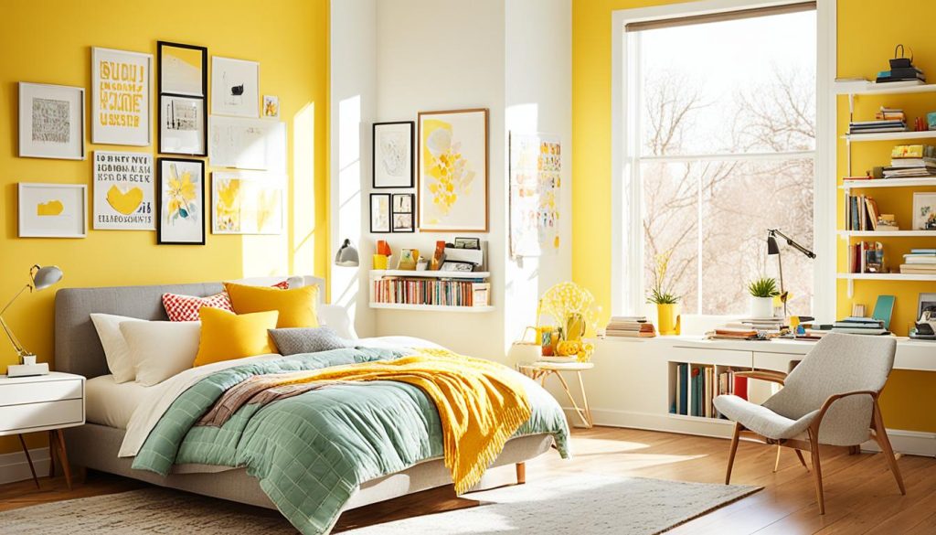 Yellow accent wall in teen bedroom