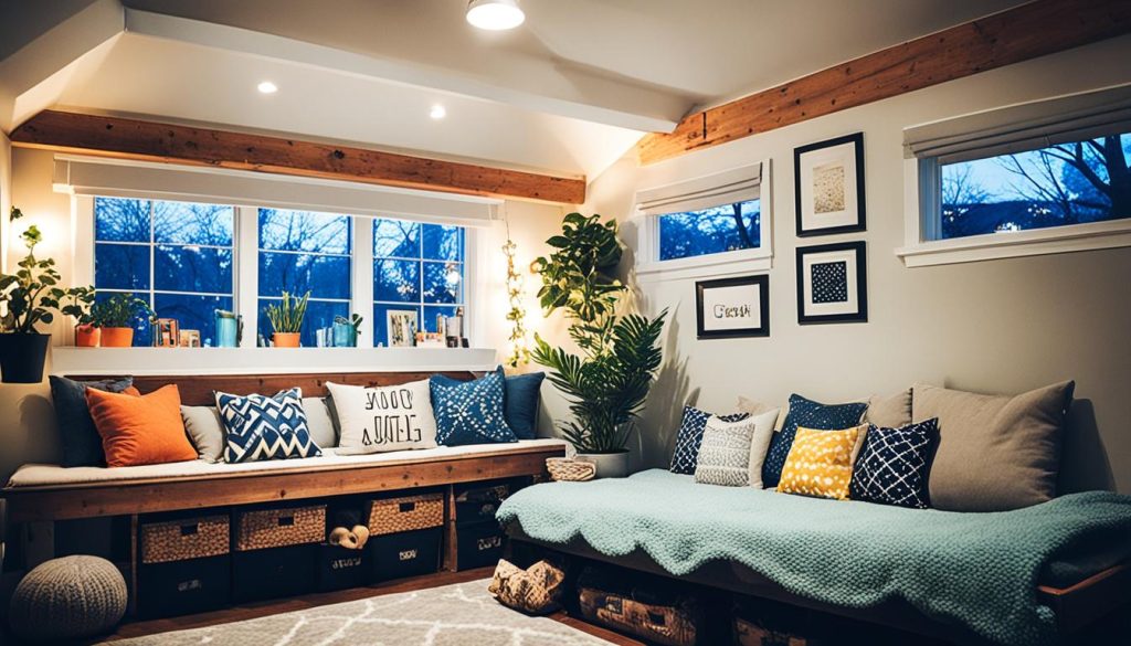 cozy lounge area under loft bed