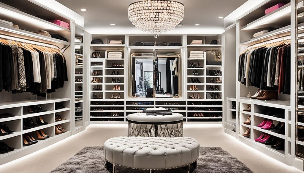 glamorous teen walk-in closets with statement lighting