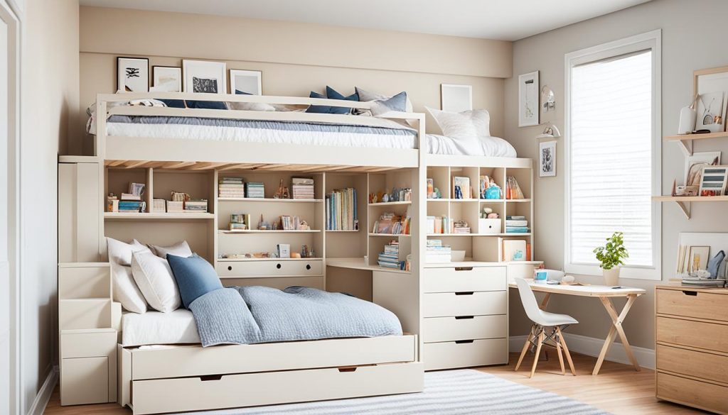 storage loft beds with neutral color scheme