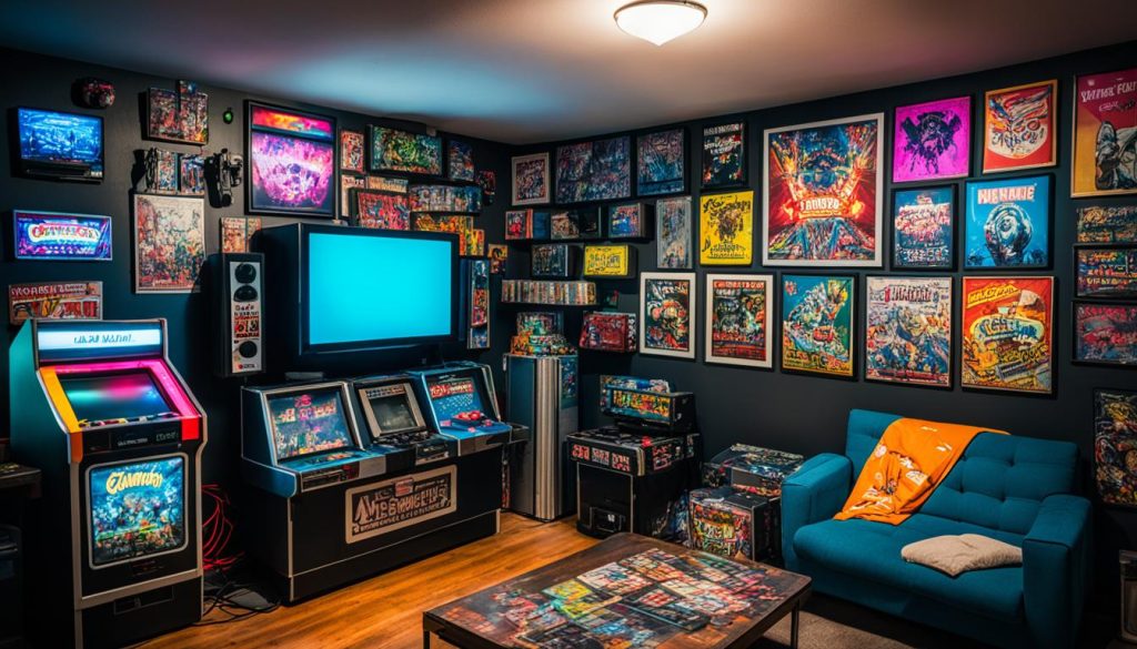 80s 90s gaming den in a basement