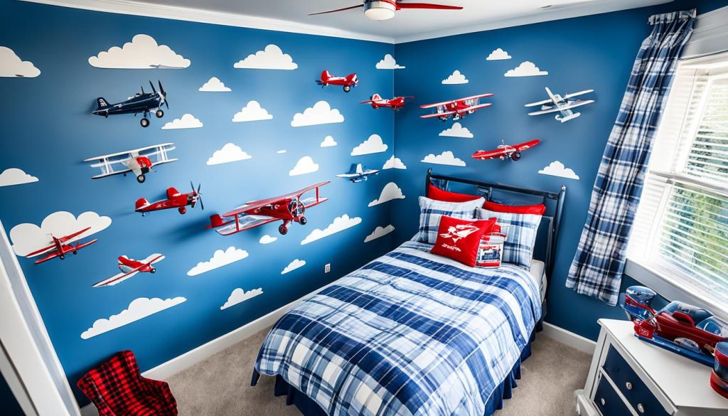 Airplane models in a boy's bedroom