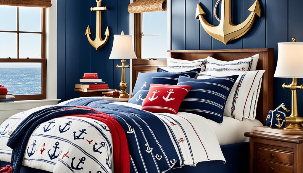 Anchor-motif accessories in a sea faring themed bedroom