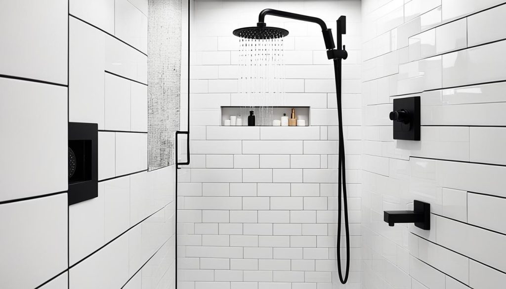 Black fixtures and finishes in white shower